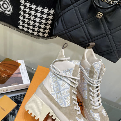 LOUIS VUITTON LAUREATE PLATFORM BOOTS IN OAT TAN SUEDE AND MONOGRAM JACQUARD PATTERN