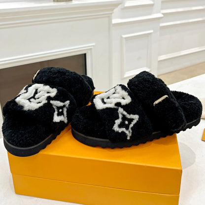 LOUIS VUITTON DAD SANDAL MULE IN BLACK MIX WHITE FLEECE