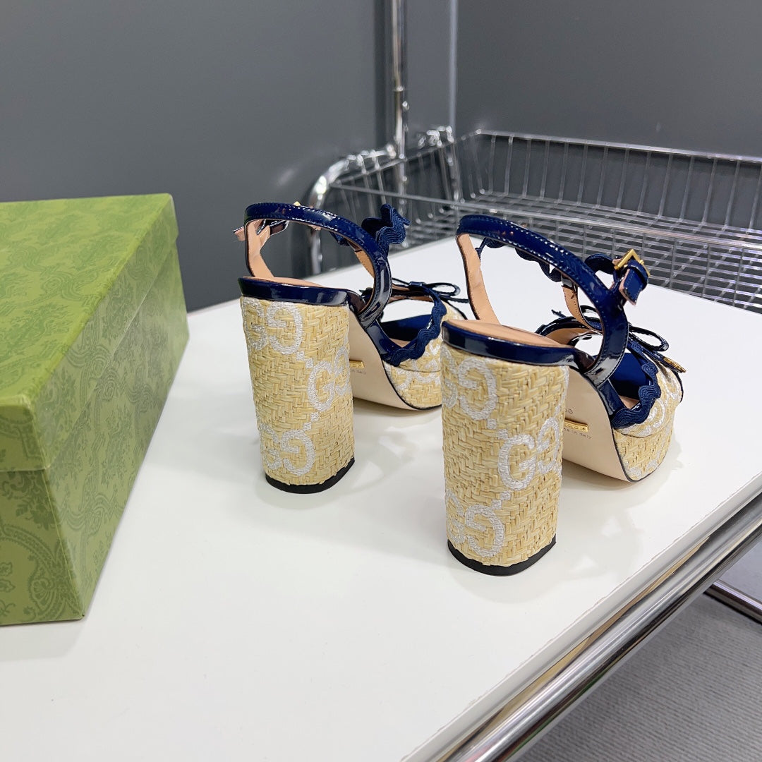 GUCCI 105 HIGH HEEL SANDAL NAVY STRAW