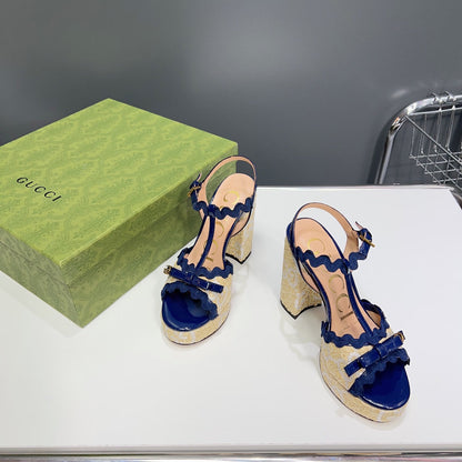 GUCCI 105 HIGH HEEL SANDAL NAVY STRAW