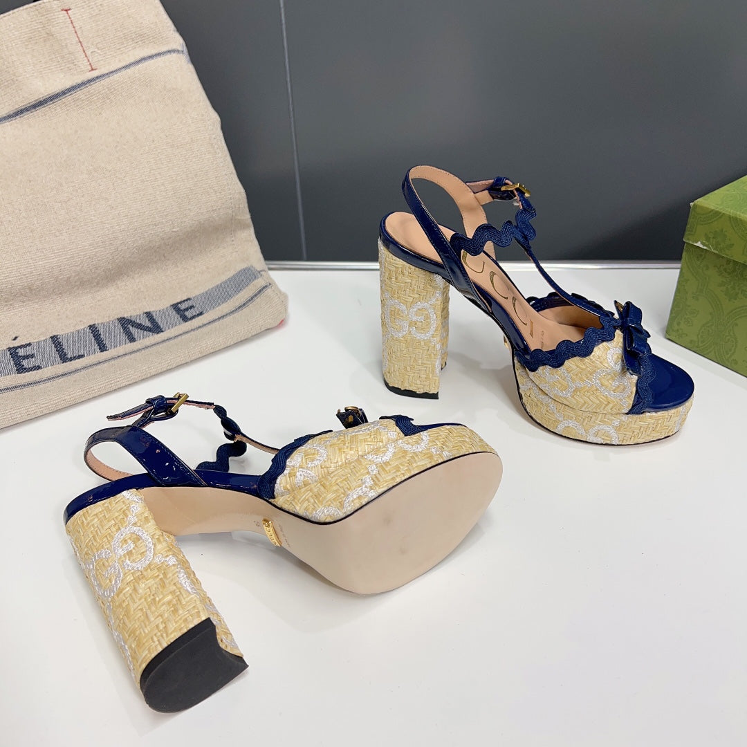GUCCI 105 HIGH HEEL SANDAL NAVY STRAW