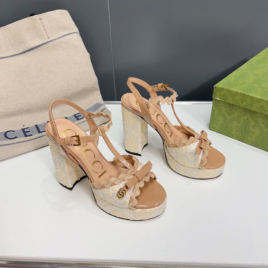 GUCCI 105 HIGH HEEL SANDAL LIGHT BROWN STRAW