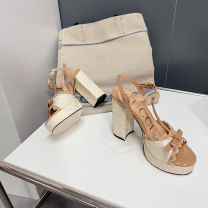 GUCCI 105 HIGH HEEL SANDAL LIGHT BROWN STRAW