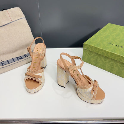 GUCCI 105 HIGH HEEL SANDAL LIGHT BROWN STRAW