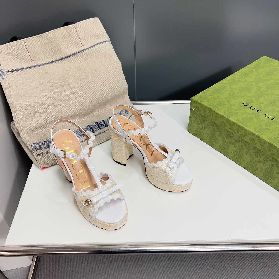 GUCCI 105 HIGH HEEL SANDAL WHITE STRAW