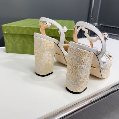 GUCCI 105 HIGH HEEL SANDAL WHITE STRAW
