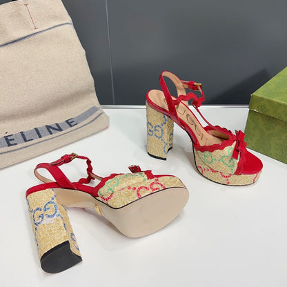 GUCCI 105 HIGH HEEL SANDAL CRIMSON STRAW