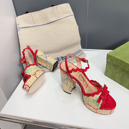 GUCCI 105 HIGH HEEL SANDAL CRIMSON STRAW