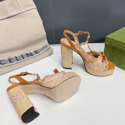 GUCCI 105 HIGH HEEL SANDAL AMBER STRAW