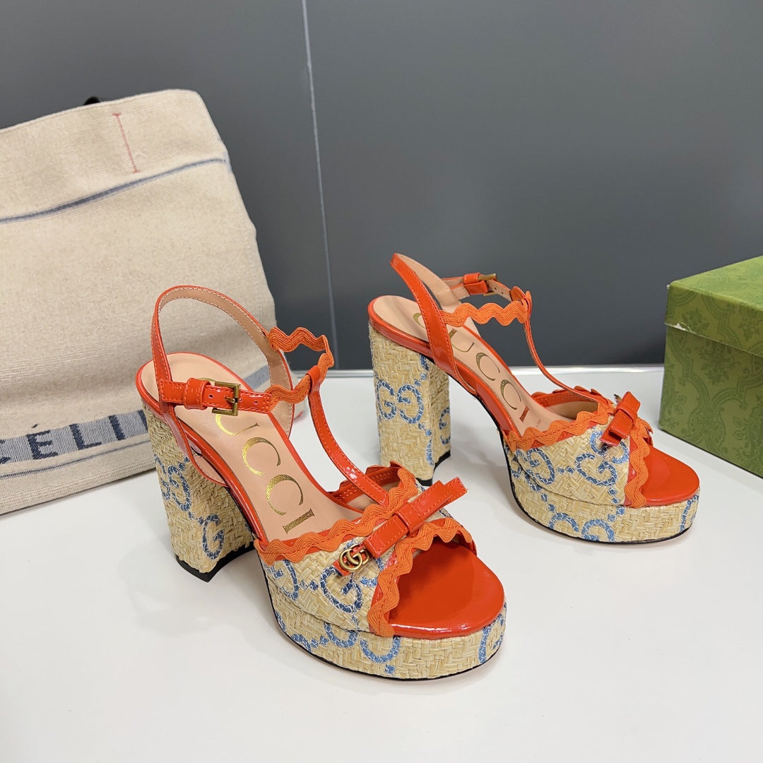GUCCI 105 HIGH HEEL SANDAL ORANGE STRAW