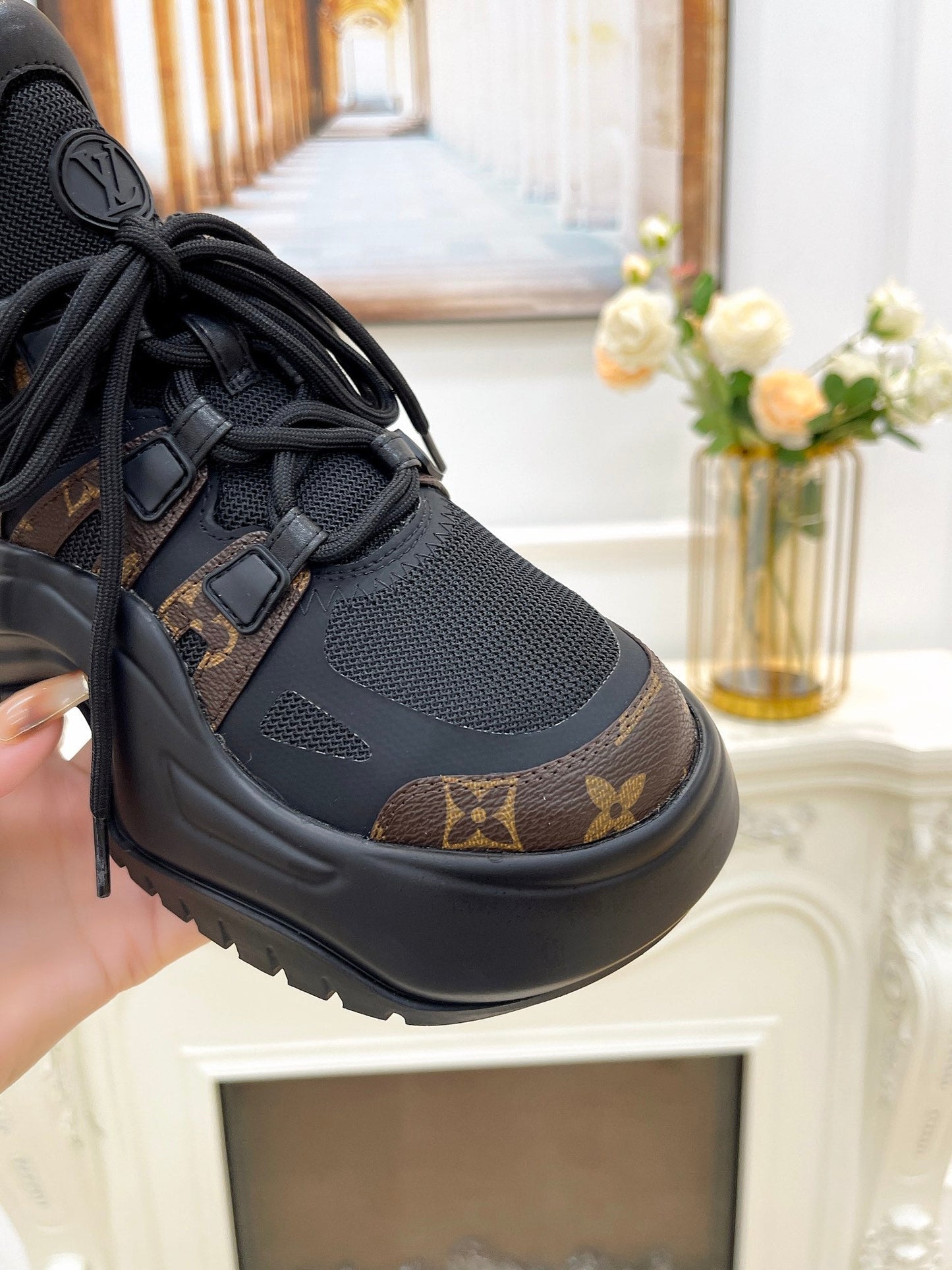 LOUIS VUITTON LV ARCHLIGHT 2.0 PLATFORM SNEAKER IN BLACK MIX CHOCOLATE BROWN MIX OF MATERIALS