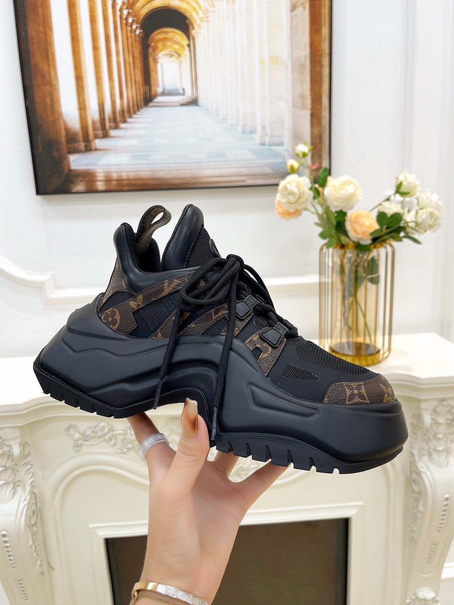 LOUIS VUITTON LV ARCHLIGHT 2.0 PLATFORM SNEAKER IN BLACK MIX CHOCOLATE BROWN MIX OF MATERIALS