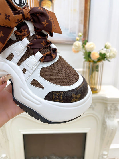 LOUIS VUITTON LV ARCHLIGHT 2.0 PLATFORM SNEAKER IN WHITE MIX CHOCOLATE BROWN MIX OF MATERIALS