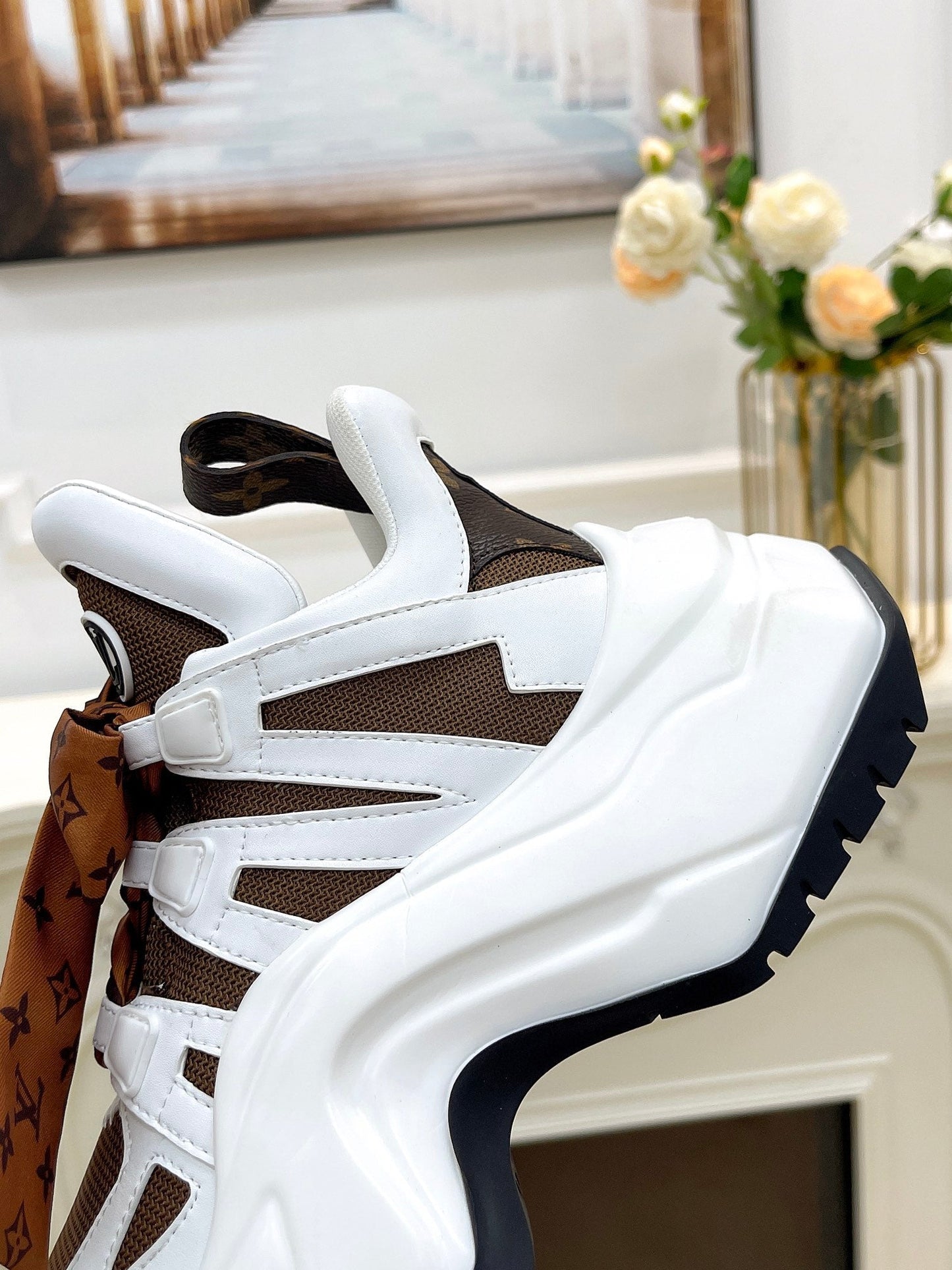 LOUIS VUITTON LV ARCHLIGHT 2.0 PLATFORM SNEAKER IN WHITE MIX CHOCOLATE BROWN MIX OF MATERIALS
