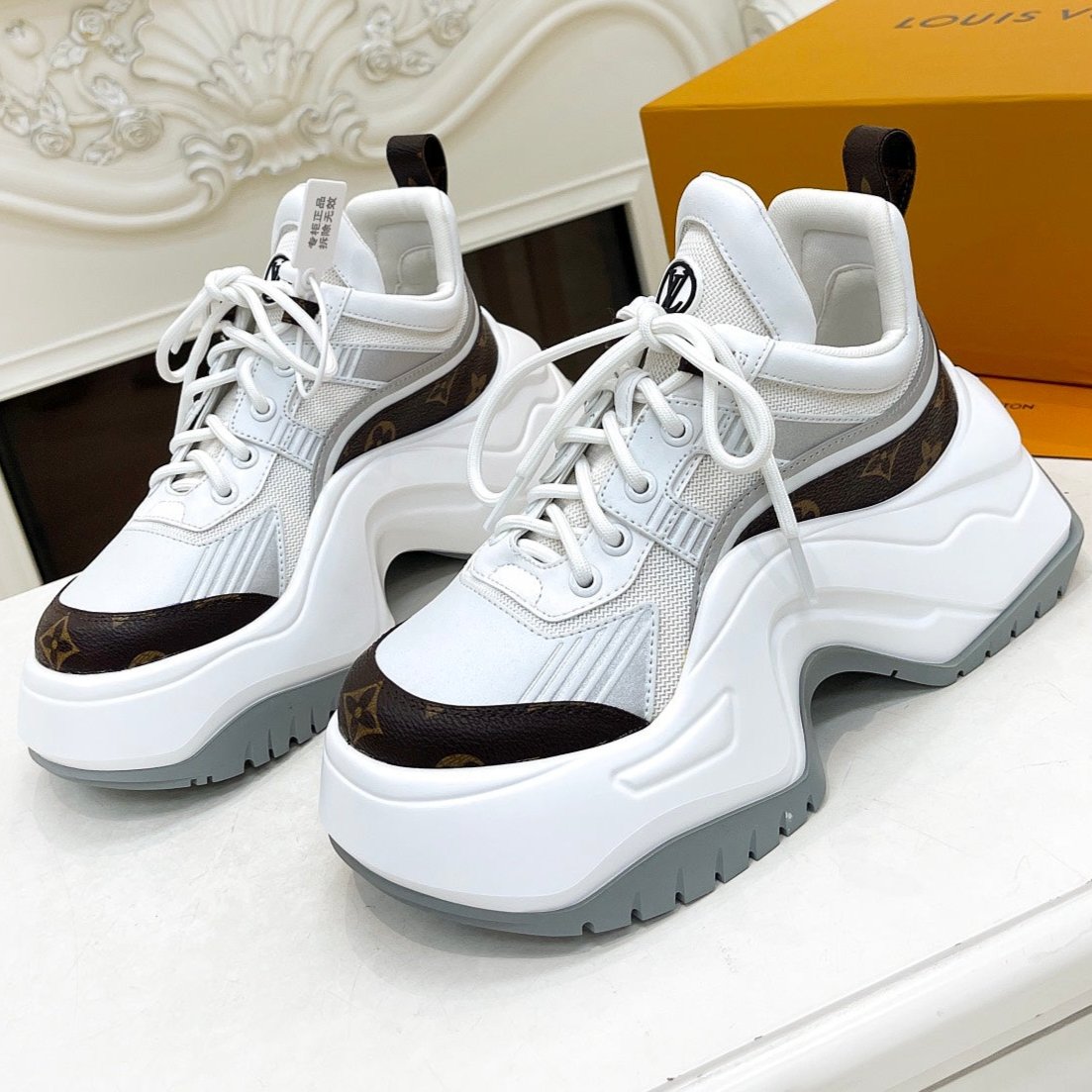 LOUIS VUITTON LV ARCHLIGHT 2.0 PLATFORM SNEAKER IN WHITE MIX BROWN MIX OF MATERIALS
