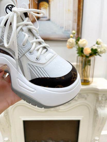 LOUIS VUITTON LV ARCHLIGHT 2.0 PLATFORM SNEAKER IN WHITE MIX BROWN MIX OF MATERIALS