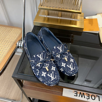 LOUIS VUITTON LV GLORIA FLAT LOAFER DENIM FLORAL FABRIC DARK BLUE