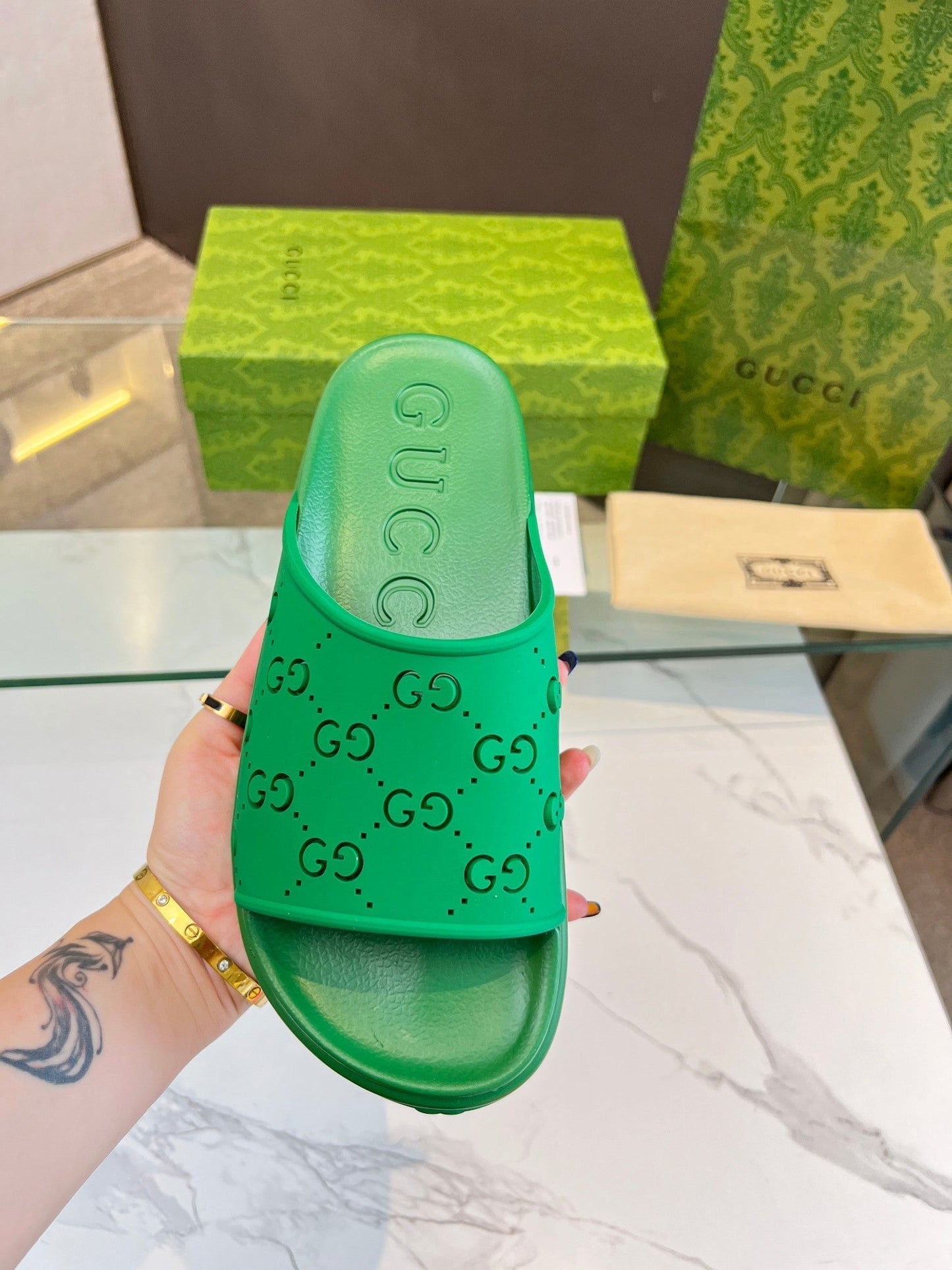 GUCCI PLATFORM SANDALS IN EMERALD GREEN MONOGRAM IMPORTED TPU