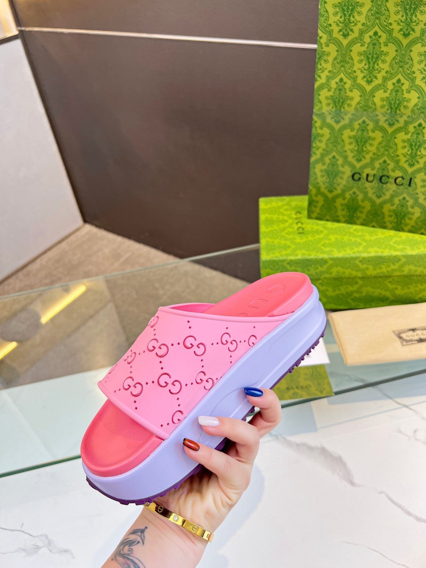 GUCCI PLATFORM SANDALS IN BABY PINK MONOGRAM IMPORTED TPU