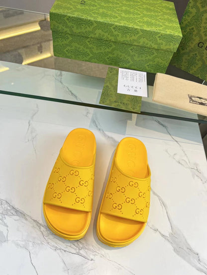 GUCCI PLATFORM SANDALS IN BRIGHT YELLOW MONOGRAM IMPORTED TPU