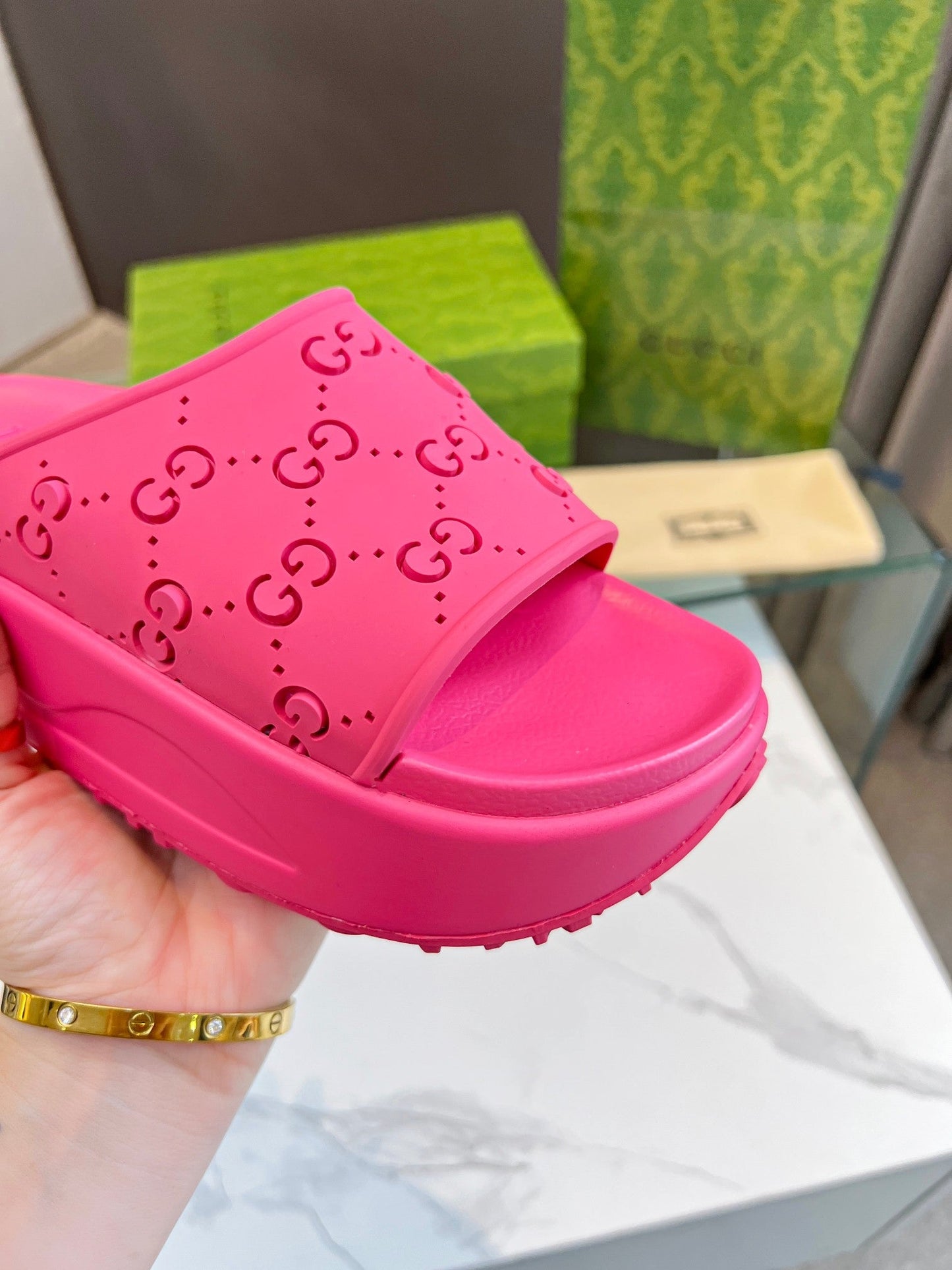 GUCCI PLATFORM SANDALS IN BRIGHT PINK MONOGRAM IMPORTED TPU