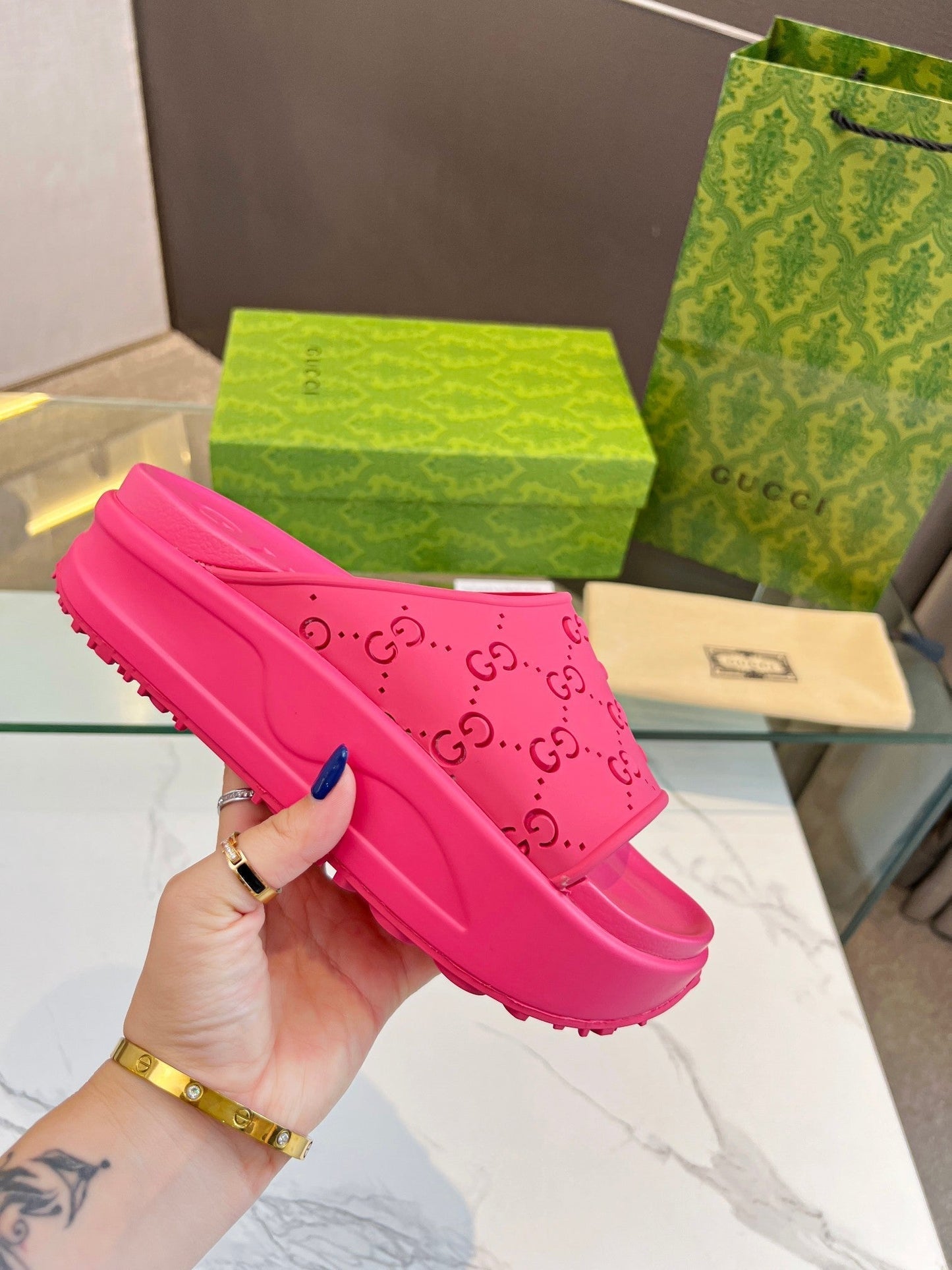 GUCCI PLATFORM SANDALS IN BRIGHT PINK MONOGRAM IMPORTED TPU