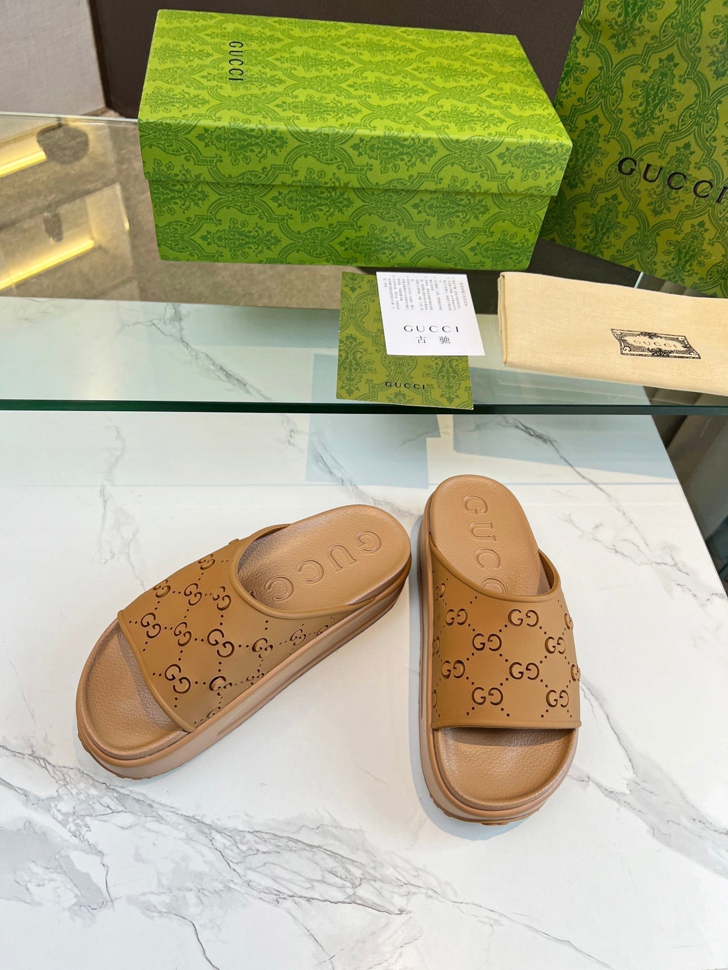 GUCCI PLATFORM SANDALS IN CINNAMON BROWN MONOGRAM IMPORTED TPU