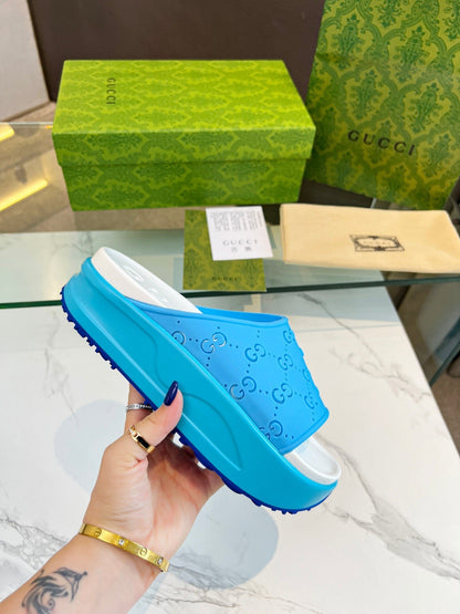 GUCCI PLATFORM SANDALS IN SKY BLUE MONOGRAM IMPORTED TPU