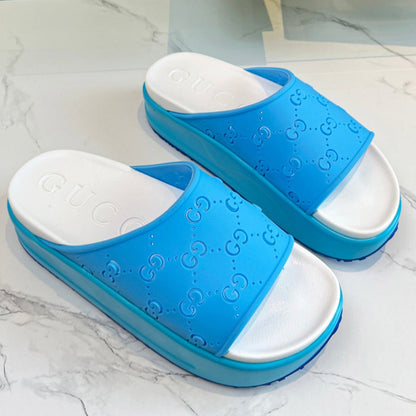 GUCCI PLATFORM SANDALS IN SKY BLUE MONOGRAM IMPORTED TPU