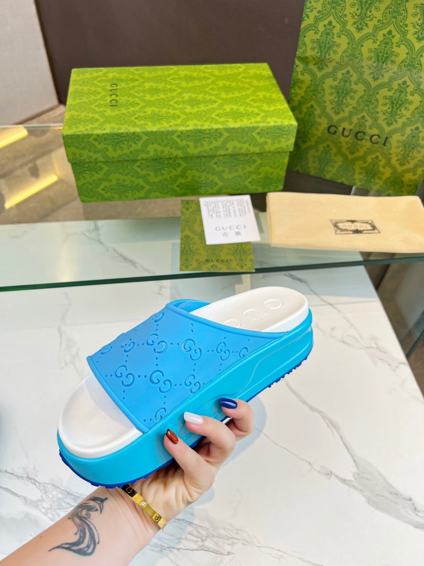 GUCCI PLATFORM SANDALS IN SKY BLUE MONOGRAM IMPORTED TPU