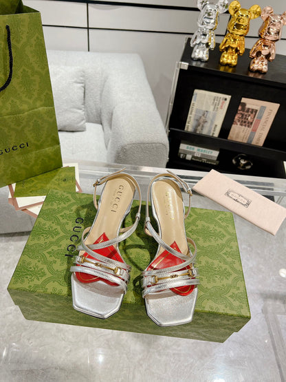 GUCCI HIGH HEEL 65MM IN SILVER CALFSKIN WITH RED HEART