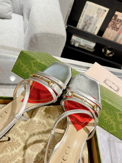GUCCI HIGH HEEL 65MM IN SILVER CALFSKIN WITH RED HEART