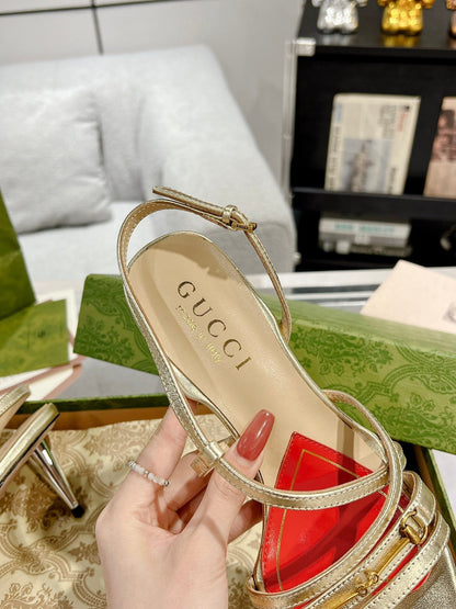 GUCCI CLASSIC STRAPPY HEEL SANDAL METALLIC GOLD CALFSKIN