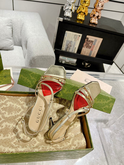 GUCCI CLASSIC STRAPPY HEEL SANDAL METALLIC GOLD CALFSKIN