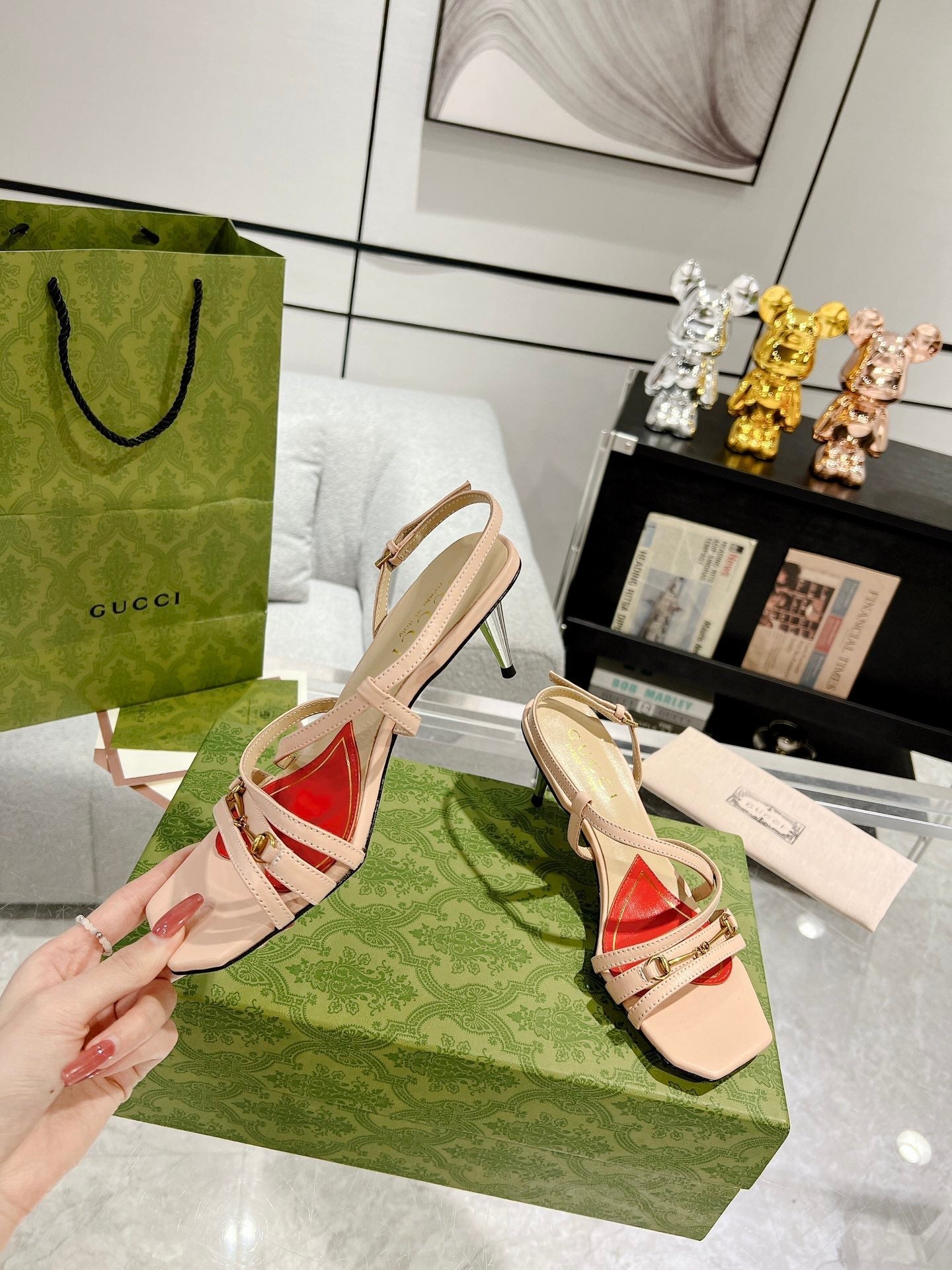 GUCCI CLASSIC STRAPPY HEEL SANDAL PASTEL PINK CALFSKIN
