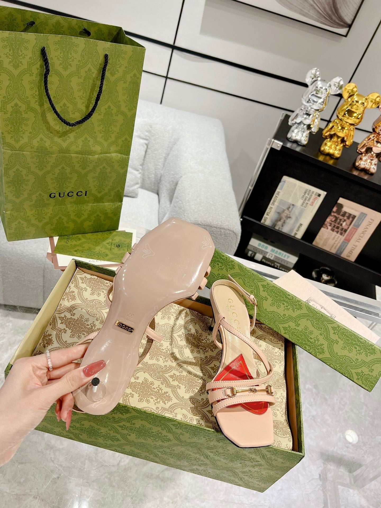 GUCCI CLASSIC STRAPPY HEEL SANDAL PASTEL PINK CALFSKIN