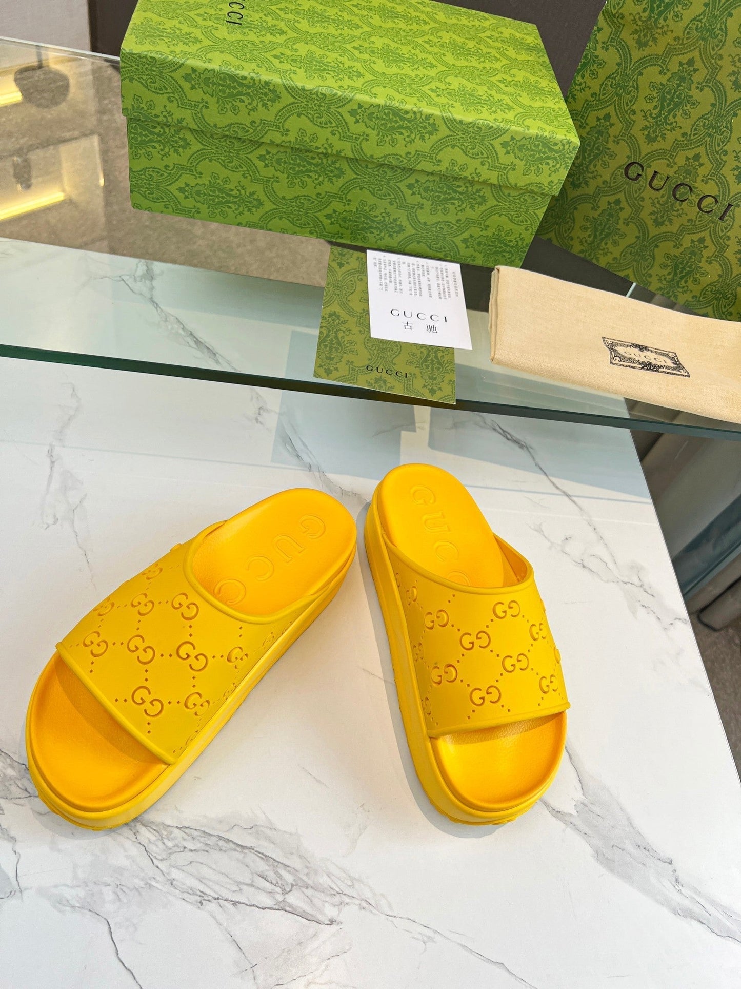 GUCCI PLATFORM SANDALS IN BRIGHT YELLOW MONOGRAM IMPORTED TPU