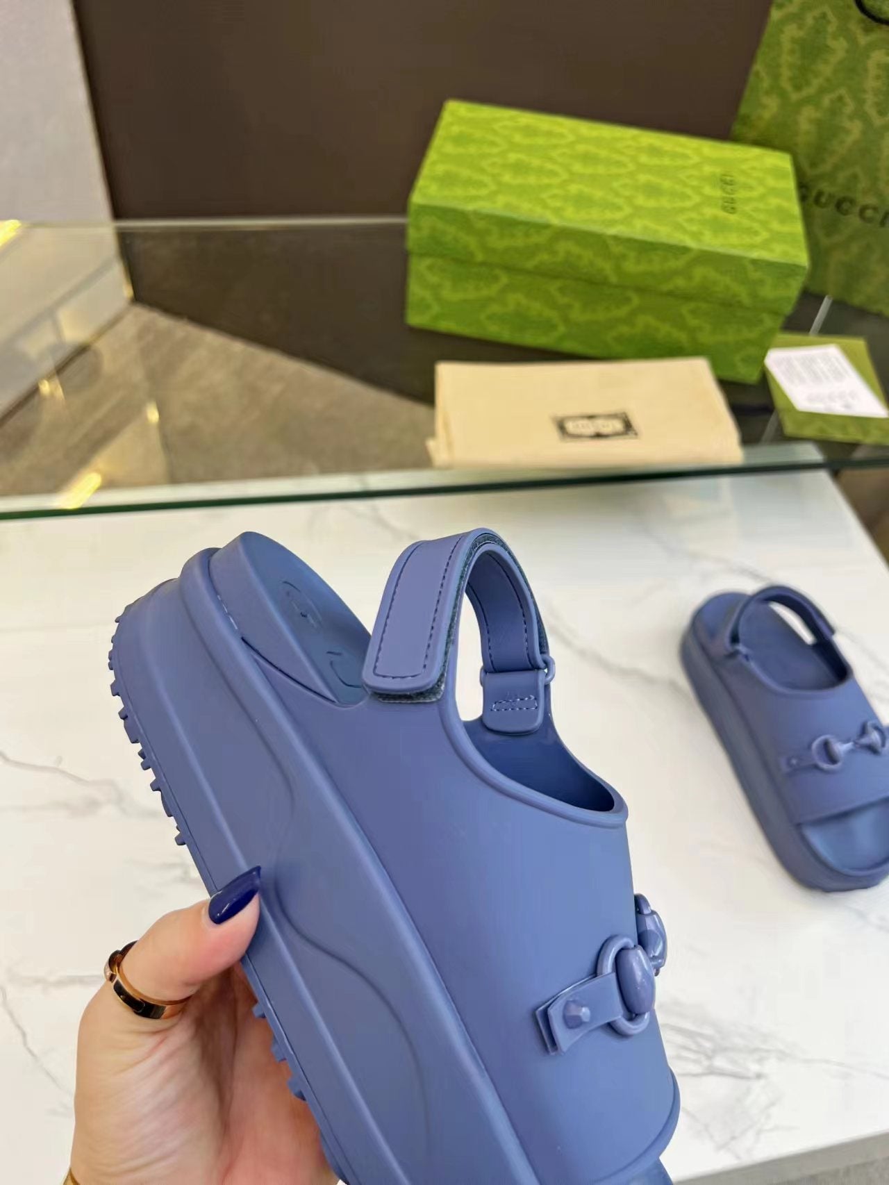GUCCI HORSEBIT FLATFORM SANDAL 5 CM IN AEGEAN BLUE IMPORTED TPU