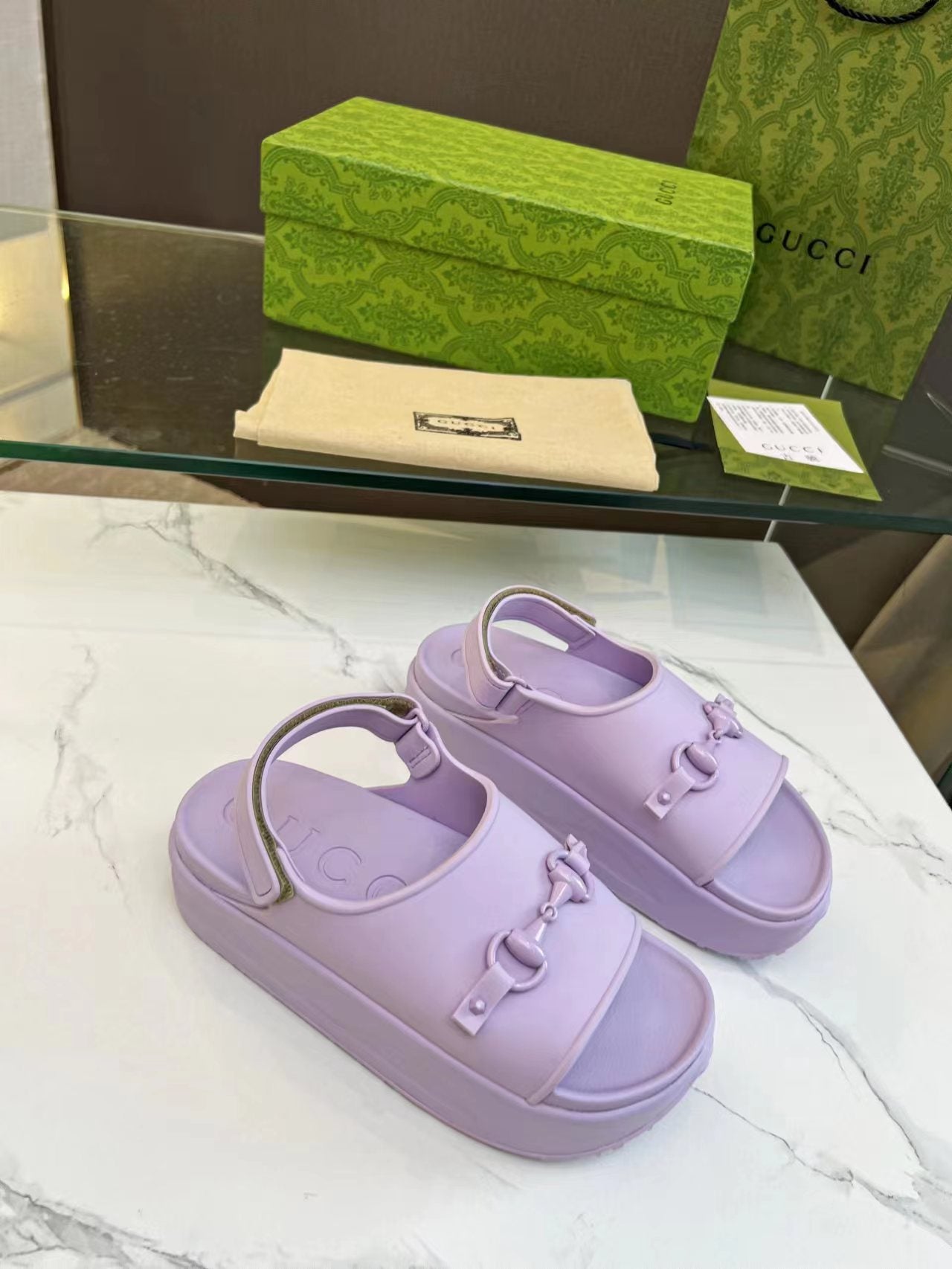 GUCCI HORSEBIT FLATFORM SANDAL 5 CM IN PASTEL PURPLE IMPORTED TPU