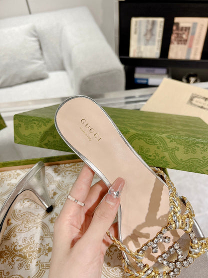 GUCCI CRYSTAL MID - HEEL SILVER CALFSKIN