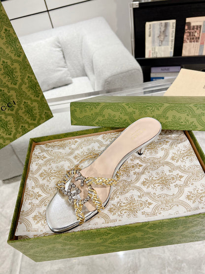 GUCCI CRYSTAL MID - HEEL SILVER CALFSKIN