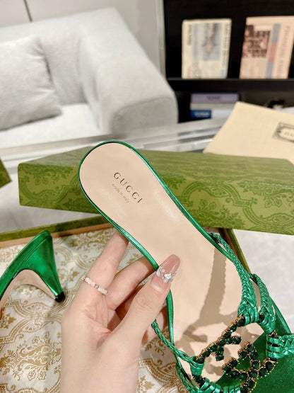 GUCCI CRYSTAL MID - HEEL JADE GREEN CALFSKIN