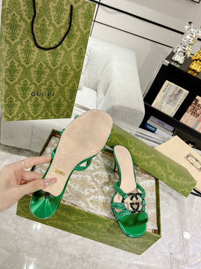 GUCCI CRYSTAL MID - HEEL JADE GREEN CALFSKIN