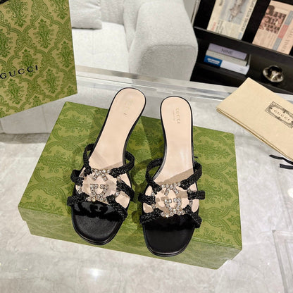 GUCCI CRYSTAL MID - HEEL BLACK CALFSKIN