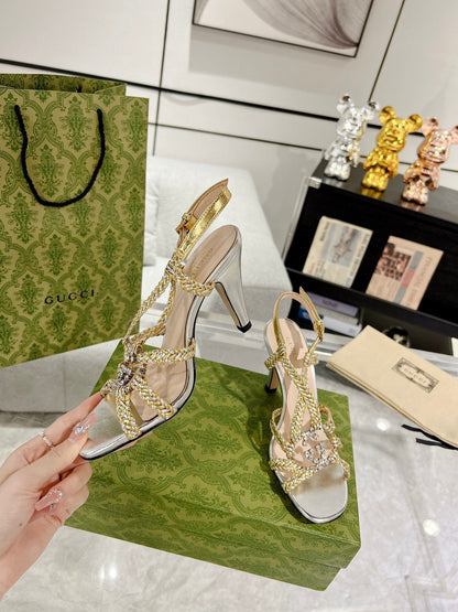GUCCI CRYSTAL HIGH HEEL SANDAL SLIVER CALFSKIN SPECIAL
