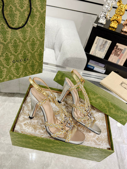 GUCCI CRYSTAL HIGH HEEL SANDAL SLIVER CALFSKIN SPECIAL