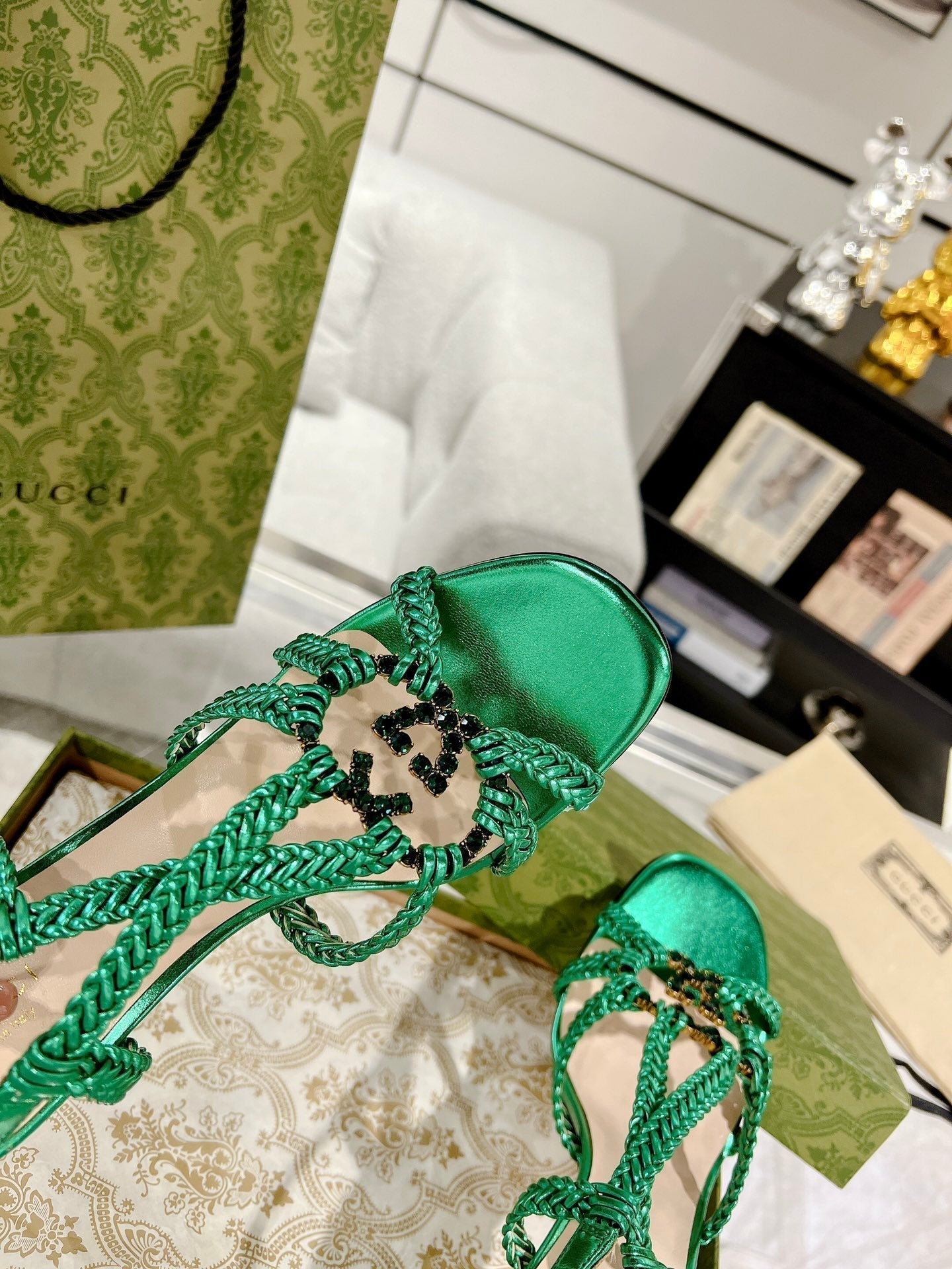 GUCCI CRYSTAL HIGH HEEL SANDAL JADE GREEN CALFSKIN SPECIAL