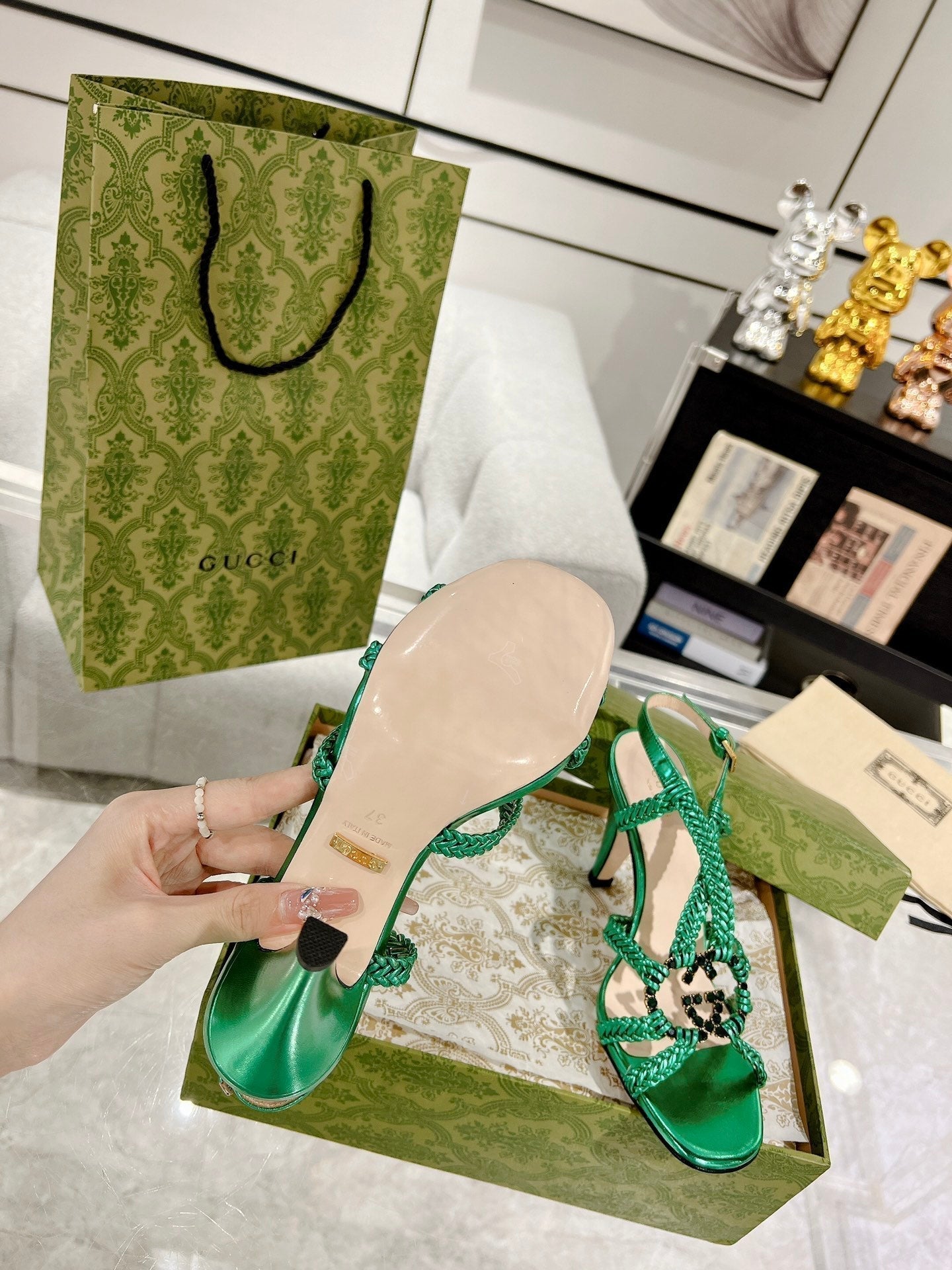 GUCCI CRYSTAL HIGH HEEL SANDAL JADE GREEN CALFSKIN SPECIAL
