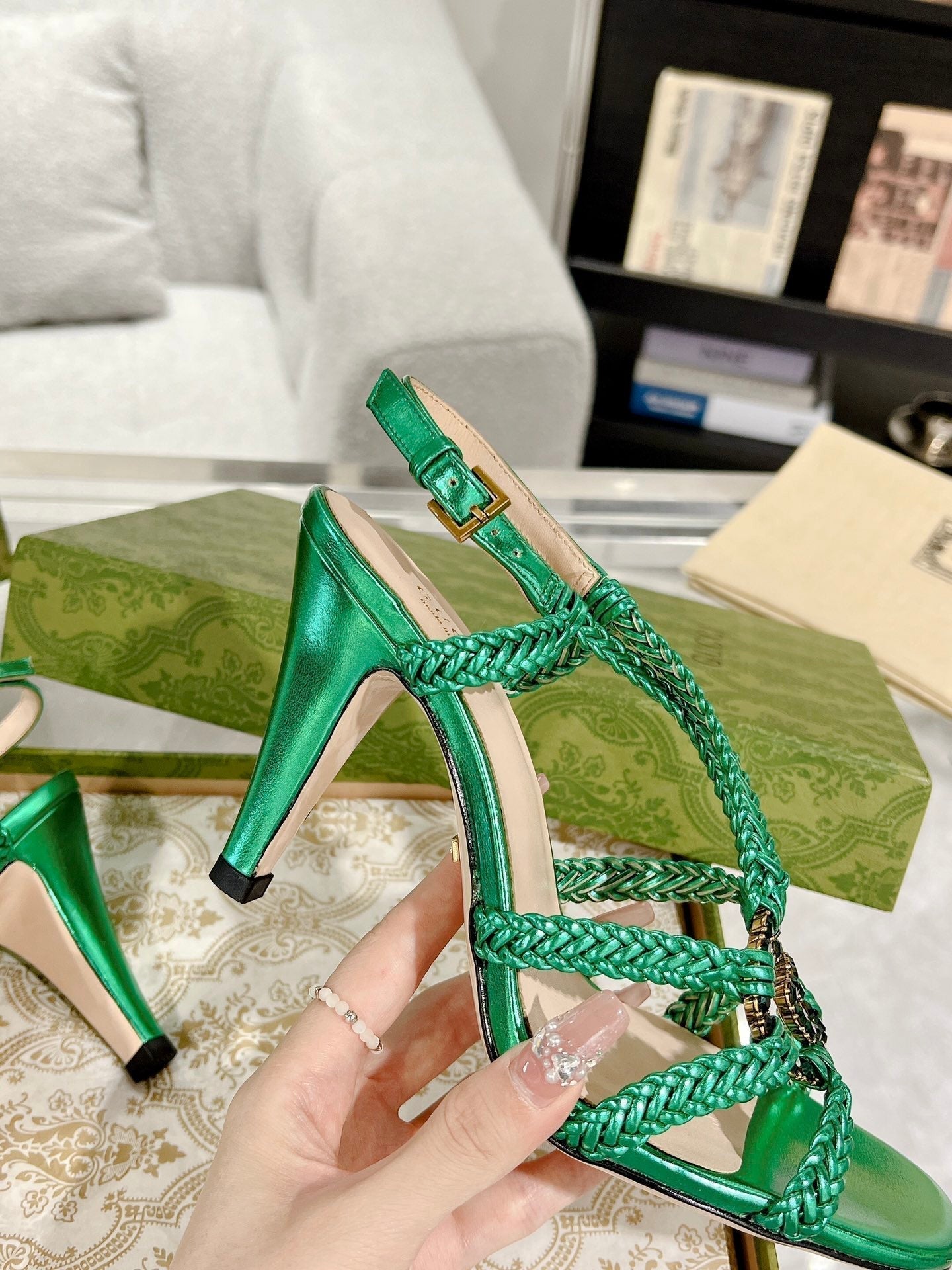 GUCCI CRYSTAL HIGH HEEL SANDAL JADE GREEN CALFSKIN SPECIAL