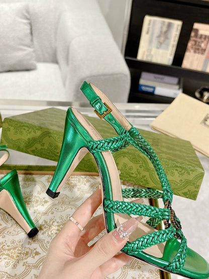 GUCCI CRYSTAL HIGH HEEL SANDAL JADE GREEN CALFSKIN SPECIAL